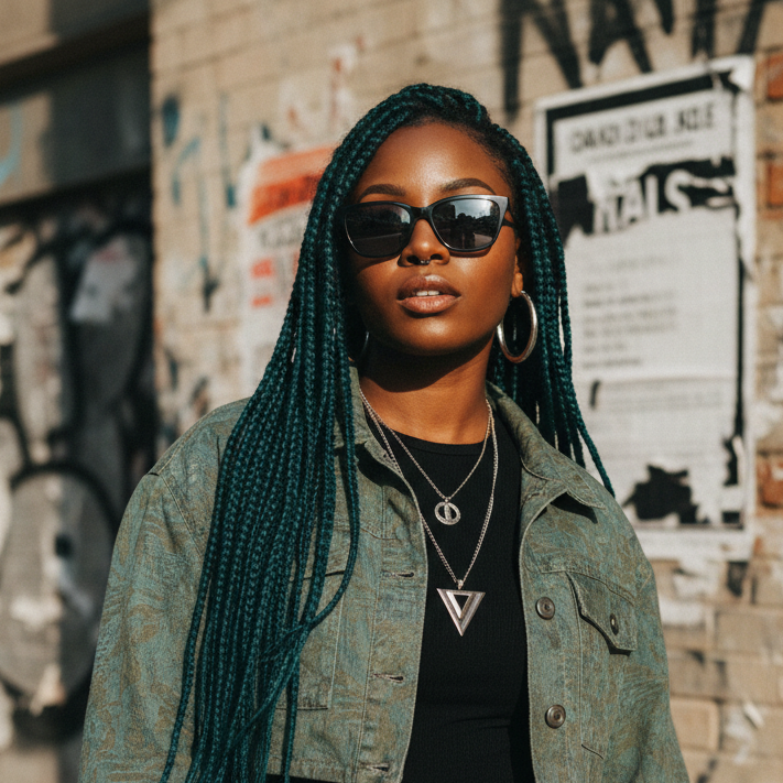 Black woman edgy braids angular sunglasses