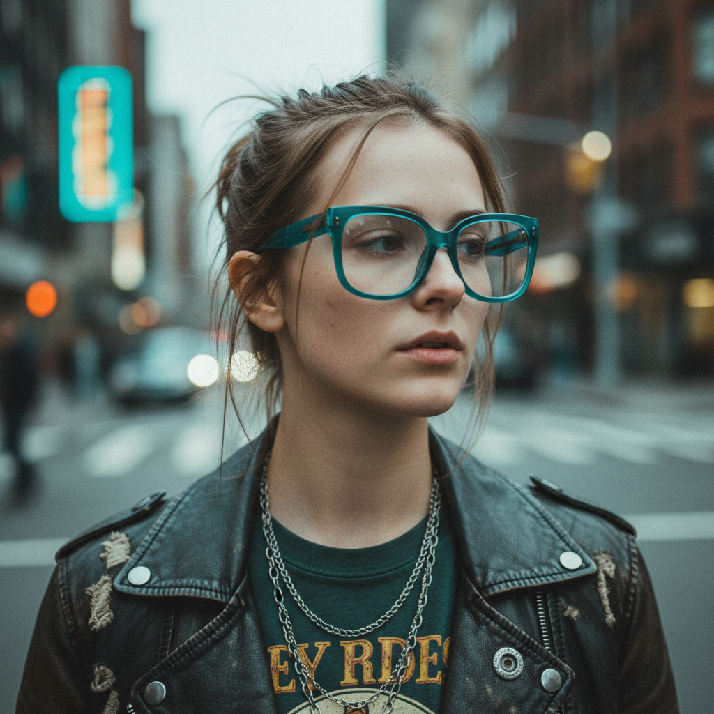 White woman edgy thick frame eyeglasses